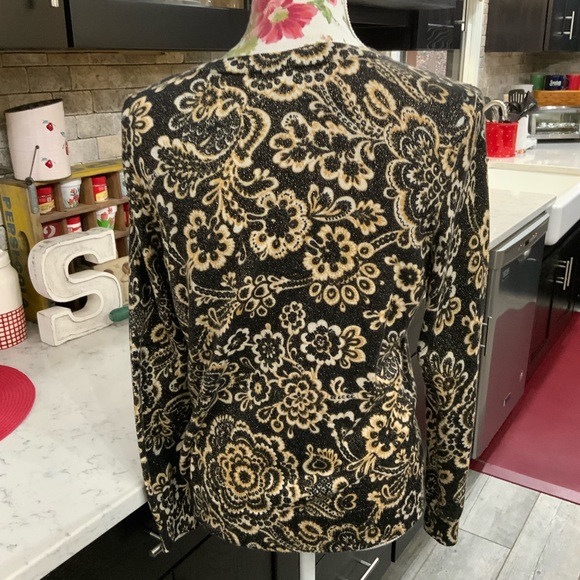 Talbots Petites Black Gold Shimmer Button Front Floral Cardigan Large Petite - Picture 7 of 8
